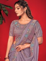 Lavender Crackle Chiffon Saree With Readymade Blouse